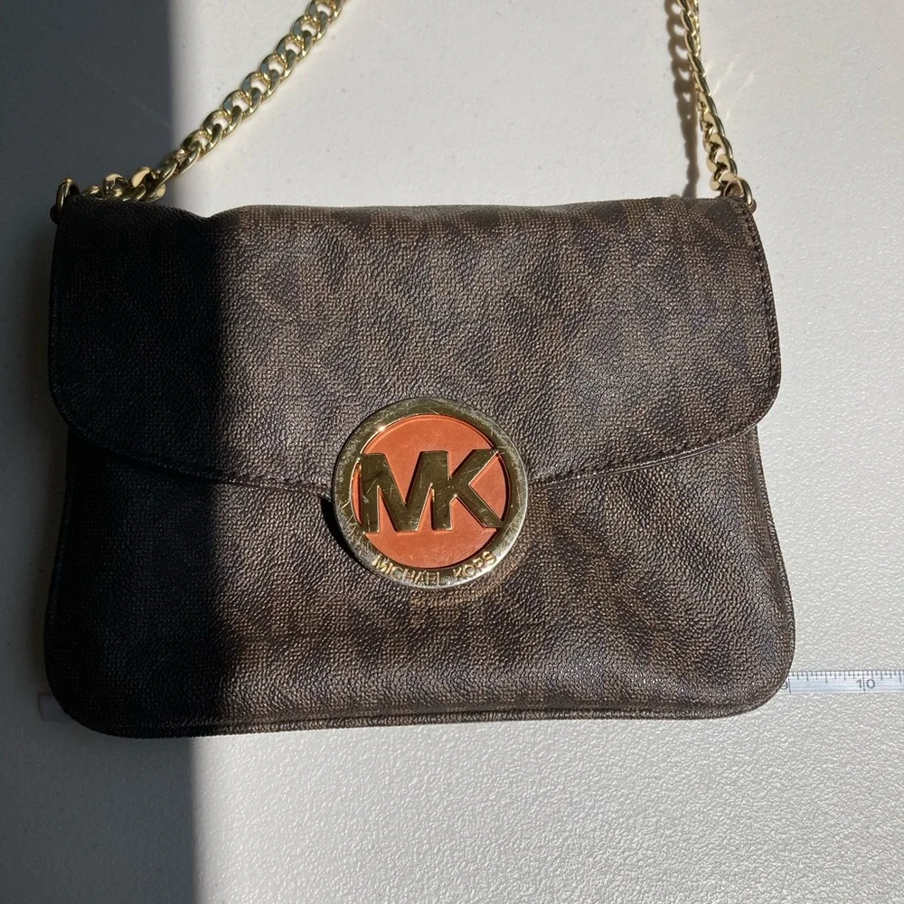 Michael Kors Brown Fulton Flap Gusset Crossbody Brown Envelope Purse Gold Chain
